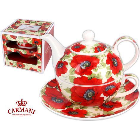 Carmani, Tetera individual con taza y platillo - Amapolas rojas