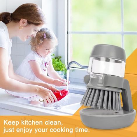 Spülbürste mit Flüssigkeitsdispenser - Spülbürste mit Seifendepot für einfaches Geschirrspülen - Praktische Küchenbürste zur Reinigung von Töpfen, Pfannen und Spülen，（【1-teilig, Grau）
