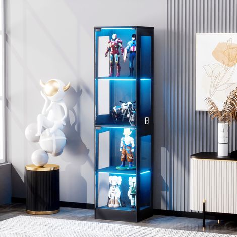 Vitrine verre quatre étages éclairage LED portes vitrées capteurs intelligents antipoussière salon chambre bureau noir 40 x 35 x 165 cm