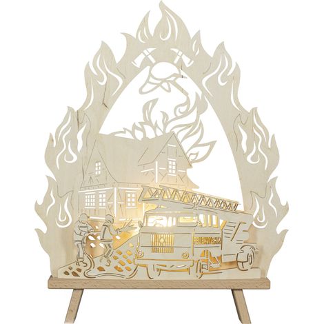 Saico LED-Dekoleuchte Feuerwehr Holz 43 cm warmweiß natur