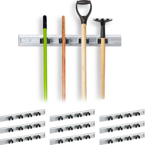 Pack 10 Colgadores Escobas Pared, Aluminio-Plástico, Plateado, 5,5 x 48,5 x 4,5 cm