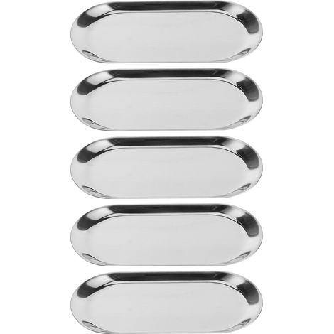 Lot de 5 plateaux ovales en acier inoxydable argenté pour serviettes, cosmétiques, bijoux, rangement de salle de bain. (1/5)