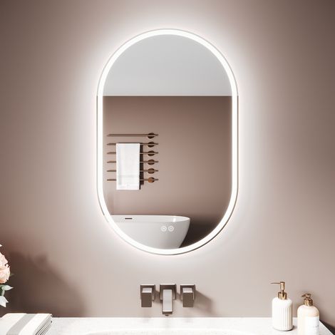 SIRHONA Miroir lumineux de salle de bain - Miroir LED Ovale avec 3 Tons de Lumière, Fonction Mémoire et Prise Intégrée, 80x50 cm