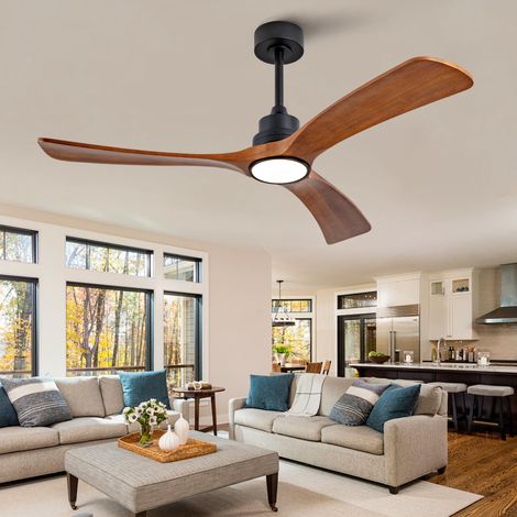 Ventilateur de plafond neuf de 132 cm avec éclairage, 3 pales en bois massif, double commande intelligente (télécommande + interrupteur mural)