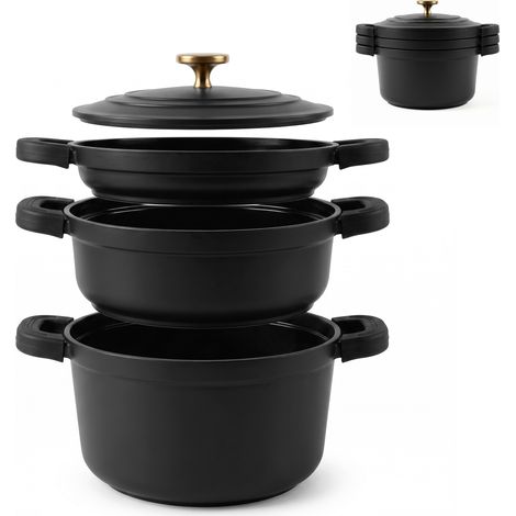 Briebe KB1208BLK Batería Cocina Inducción Apilable 4 Piezas Ø 22cm Antiadherente Cerámico sin PFOA Cacerolas Negro (1/5)