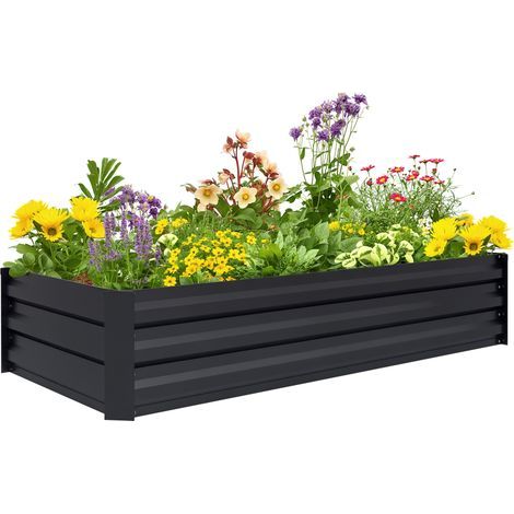 Jardinière rectangulaire potager de jardin bac à fleurs en acier avec bordure de sécurité et fond ouvert noir (1/5)