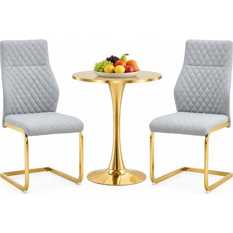 ELVMI Conjunto de Mesa y Sillas con 1 Mesa Redonda y 2 Sillas, MDF, Metal y Piel Sintética, Oro, Gris Claro (1/5)