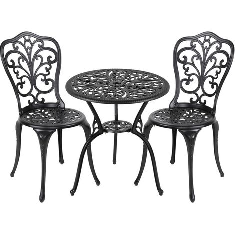 Avestar 3-teiliges Bistro Set Metall aus Aluminiumguss, Gartenmöbel Set, Balkonmöbel, runder Bistrotisch mit 2 Gartenstühlen, Schwarz Schmetterling (1/5)