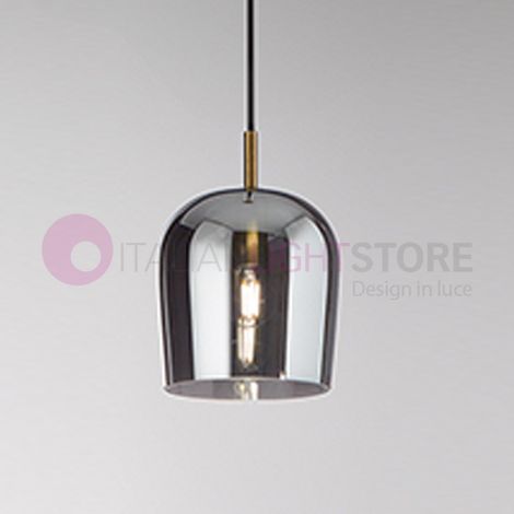 Lampada a Sospensione in Vetro Fumé 16 cm, Montatura Oro Spazzolato, Attacco E14, Cavo in Tessuto Nero per Interni Moderni - Perenz (1/3)