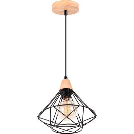 Industriell Pendelleuchte Metall Hölzern Lüster in Rautenform Ø22cm E27 Moderne Kronleuchter für Wohnzimmer Küche Restaurant Schwarz