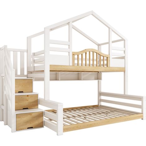 Letto a castello per bambini a casetta bianco e legno 90x200 / 140x200 con scala contenitore (1/5)