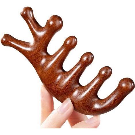 Pettine da massaggio in legno con denti larghi, pettine multifunzionale Gua Sha per il cuoio capelluto, trattamento rilassante per la cura del cuoio capelluto (1/5)