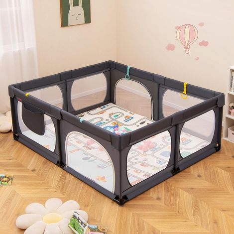 Baby Laufstall mit Matratze & 50 Spielbällen & 4 Zugringen & 4 Reißverschlusstür Dunkelgrau