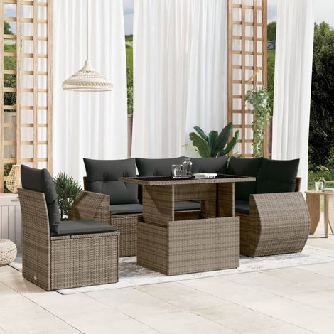 Ensemble Salon Jardin Gris Résine Tressée 6 Pièces - Table Réglable, Coussins Lavables, Modulaire, Dimensions 100x55 cm (1/5)