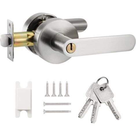 Poignée de porte à levier, serrure de porte à levier, serrure de porte d'entrée à clé, poignée de porte intérieure avec serrure et clé, convient aux salles de bains, chambres et bureaux (argent). (1/5)