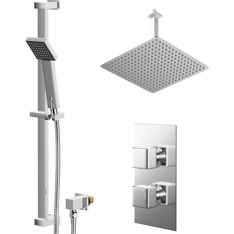 Cubix Polished Chrome Concealed Twin Thermostatic Shower Valve with Diverter and 400mm Square Head with 300mm Ceiling Arm and Thames Slide Rail Kit - 2 Outlet (1/5)