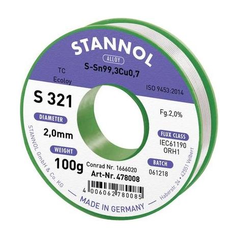 Stannol S321 alambre de soldadura aleación sin plomo 2 mm plateado