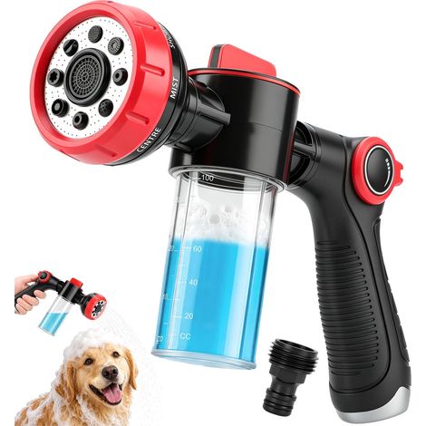 Douchette Tuyau Arrosage pour Chien avec Distributeur de Savon, 8 en 1 Pistolet à Mousse pour Lavage Chien, Voiture et Jardin, Embout Jet d'Eau pour Chien avec Adaptateur Rapide (1/5)