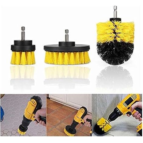 Brosses de nettoyage pour perceuse, 3 pièces, pour nettoyer les pneus de voiture, la cuisine, la salle de bain, les sièges, les tapis (jaune 2/3,5/4 pouces) (1/5)