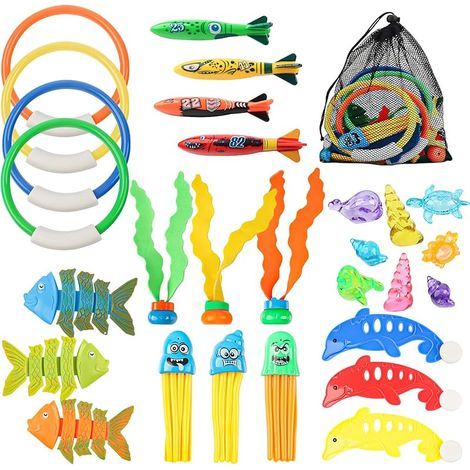 34p Jouets PlongéE Enfants, Set Jouets PlongéE Piscine, Méduses Dauphins Cercles Pierres PréCieuses ArêTes Poisson Algues Mines Poissons Sacs En Filet, Pour Plages En Plein Air Pool Party Cadeau (1/4)