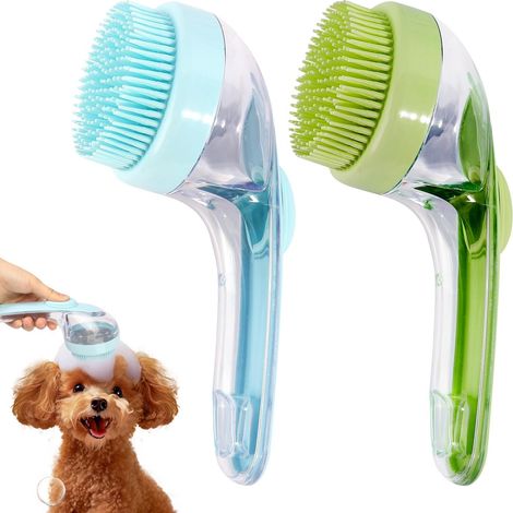 Lot de 2 brosses de lavage pour chien - Avec distributeur de savon - Brosse de massage douce en silicone - Avec long manche - Brosse de bain pour chien et chat (1/5)