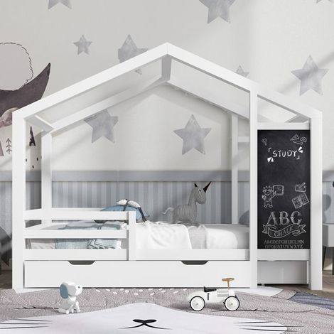 Lit cabane enfant 90 x 200 cm avec tableau noir, 2 tiroirs & barrières, pin massif blanc (sans matelas)