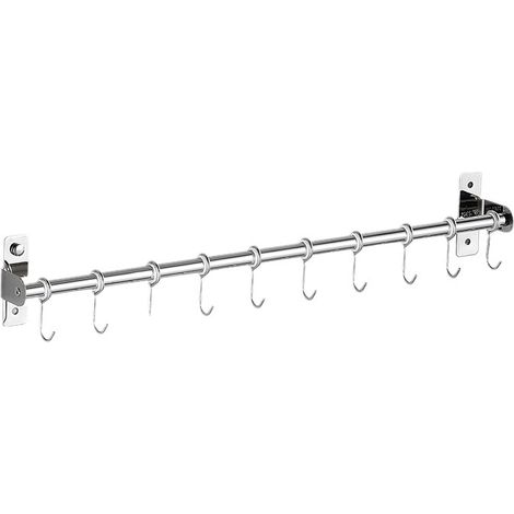 Wandmontierter Küchenpfannenhalter, graue Kunststoff-Besteckleisten, modernes Aufbewahrungssystem, geeignet für Pfannendeckel und Küchenutensilien, platzsparendes Design.