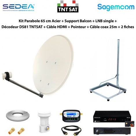 Kit Parabole 65 cm Acier + Support Balcon + LNB single + Décodeur DS81 TNTSAT + Câble HDMI + Pointeur + Câble coax 25m + 2 fiches F (1/5)