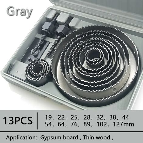 13PCS 19-127m ensemble de scie cloche scie tasse bois couronne foret pour panneau de gypse bois PVC plastique densité panneau métal outils de travail du bois - Gris (1/5)
