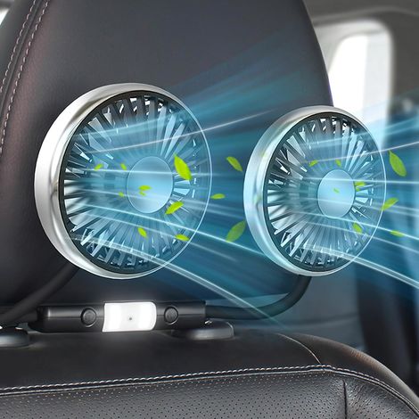 Ventilador para el asiento trasero del coche, ventilador USB de doble cabezal, 3 velocidades y rotación de 360°, ventilador de refrigeración automático. (1/5)