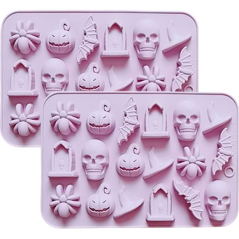 Juego de 4 moldes de silicona de Halloween con 18 cavidades, con formas de calavera/calabaza/fantasma/murciélago, para chocolate/gelatina.