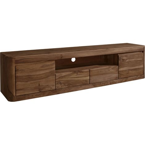 Massivmoebel24 – Meuble TV 200x45 en palissandre teinté Smoked cherry – Design moderne avec angles arrondis – Parfait pour salons et bureaux
