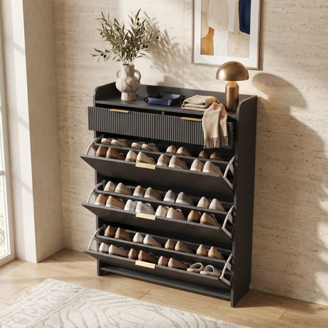 Scarpiera con 3 ribaltine e 2 cassetti, grande capacità, frontali scanalati eleganti per ingresso, stile scandinavo moderno(77.1×24.2×133.5cm, Nero)