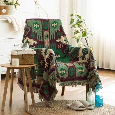 Double Face Couvertures Coton Tissé Jetés De Lit avec Gland Motif Géométrique Bohême Style Ethnique Vintage Décorative Jeté De Canapé Couvre-Lit Couverture De Camping Tapisserie Nappes Tapis (1/5)