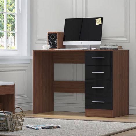 Reflect 4 Drawer Desk - Black Gloss & Walnut - Modern Bedroom Storage for Vanity, Work or Study (1/5)