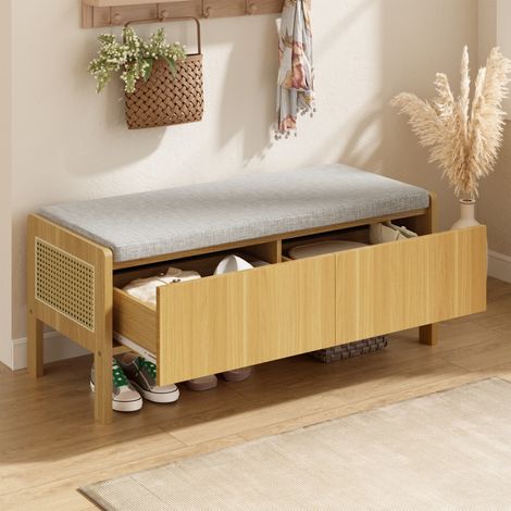 Banc à Chaussures avec Rangement en Rotin - 113x40x45.5cm - Banquette d'Entrée avec 2 Tiroirs et Assise Rembourrée - Naturel et Gris