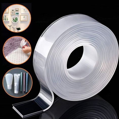 Ruban Adhésif Nano Gel Amovible - Ruban Adhésif Double Face Sans Trace pour Mur, Cuisine, Tapis, Photo, Fixation de Verre de Voiture Décoration d'intérieur et Bricolage (3 mètres) Épaisseur: 2m (1/5)