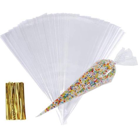 Sacchetti per caramelle, 100 sacchetti di plastica trasparenti a cono con 100 fascette, confezione in cellophane per caramelle, biscotti, bomboniere, 16 x 30 cm (1/5)