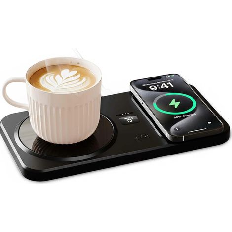 Dessous de verre 2 en 1 à température constante, réglage de la température à 3 vitesses, dessous de verre isolant intelligent pour téléphones portables/montres/écouteurs (noir) (1/5)