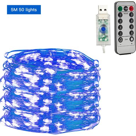 Guirlande lumineuse USB en fil de cuivre, 8 fonctions, guirlande lumineuse en forme d'étoile basse tension, décorations de Noël, guirlande lumineuse LED (bleue), 5 mètres, 50 lumières - télécommande i (1/2)