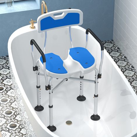 Sedia da doccia con sedile scanalato, regolabile in altezza, schienale e braccioli antiscivolo, portata massima 136 kg, colore blu.
