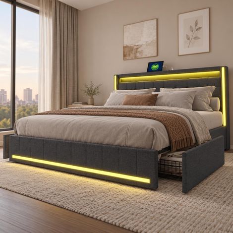 Letto matrimoniale 160x200 cm imbottito con 4 cassetti contenitore, LED RGB e porta USB Tipo C, Rete a doghe in legno, tessuto effetto lino, Grigio scuro (1/5)