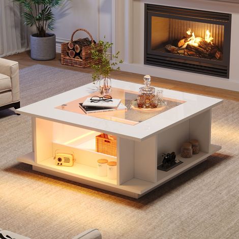 Table basse carrée blanche 70 x 70 x 30 cm – plateau en verre, finition haute brillance – rangement modulable, capacité 30 kg – pour salon moderne (1/5)