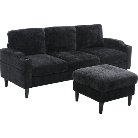4-Sitzer-Sofa in Schwarz aus Chenille mit Stauraumhocker, Becherhaltern und Seitentaschen (1/5)