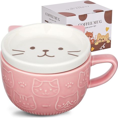 Jolie tasse à café en céramique avec couvercle, tasses à café ou à thé kawaii pour les amoureux des chats, tasses de petit déjeuner fantaisie pour femmes, épouse, maman, filles, garçons, amis, (1/5)