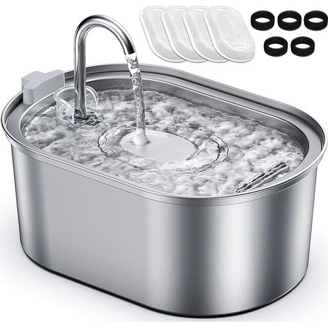 3,2 L Fontaine à Eau Chat en Acier Inoxydable, Équipée de 4 Filtres à Charbon et 5 Filtres en Mousse Remplaçables, Fontaine à Eau pour Chat Silencieuse avec Pompe 30dB (1/5)