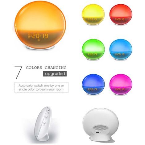 Lampada da sveglia, Simulatore alba e tramonto, 2 allarmi, 20 livelli luminosità, 7 colori, 7 suoni naturali, funzione pisolino, radio FM (1/4)