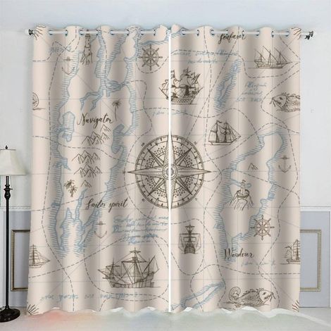 Rideaux Carte Boussole De Voyage Rideau Occultant Chambre Fille Garcon Rideaux Chambre Ado Isolation Thermique et Réduction du Bruit Rideau (200x200 cm) - 200L X 200H cm (2 Panneaux) (1/5)