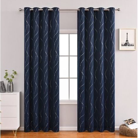 Tende - Tende blu navy - Motivo a onde - Tende oscuranti con anelli - Tende oscuranti testurizzate a pannello singolo specifiche per camera da letto - 100x200 cm (1/5)