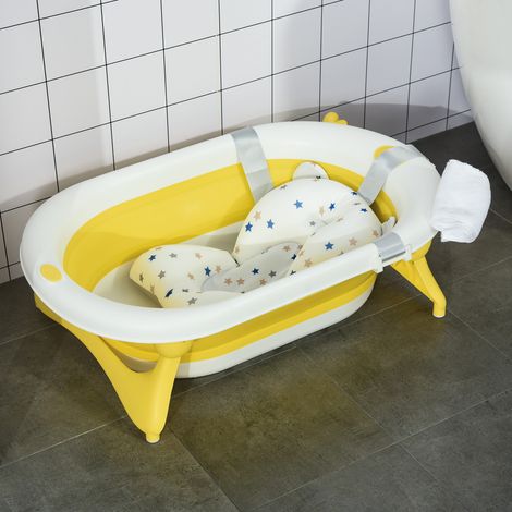 Vaschetta da bagno pieghevole per neonati fino a 3 anni, dimensioni 81,5x50,5x23,5 cm, con tappo termosensibile e cuscino.